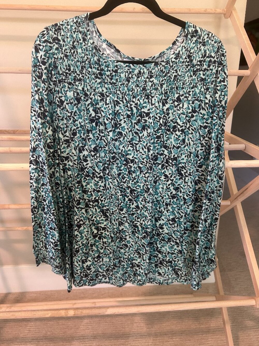 J. Jill Teal Blue Floral Smocked Yoke Long Sleeve Knit Blouse XL